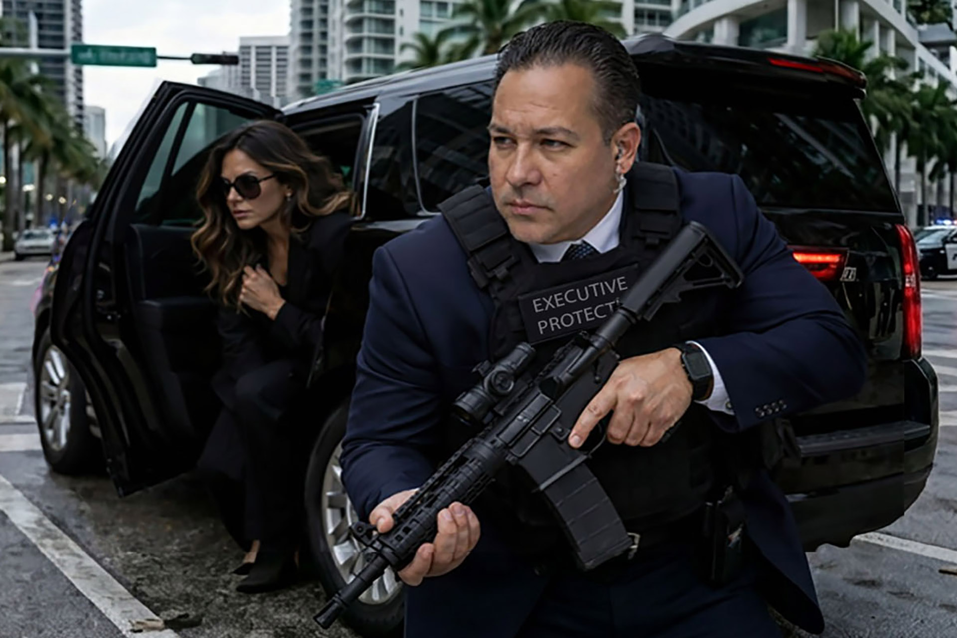 Guardion Protection security guard monitoring restricted area and perimeter fencing.