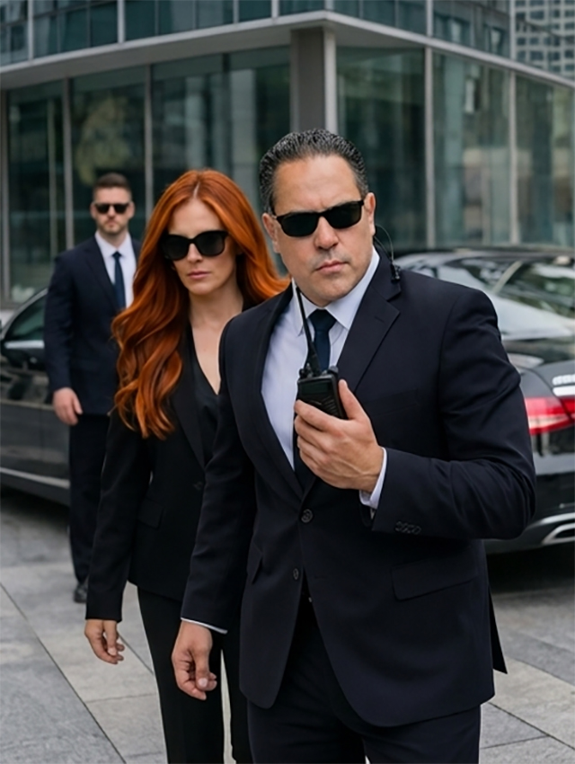 A professional security officer in a clean white uniform and cap, holding a walkie-talkie and looking alert while on duty. The uniform features a 'Security' gold embroidery and an official Guardion Protection badge.